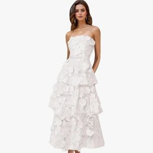 White Strapless 3D Floral Dress - Bridal, Wedding, Engagement